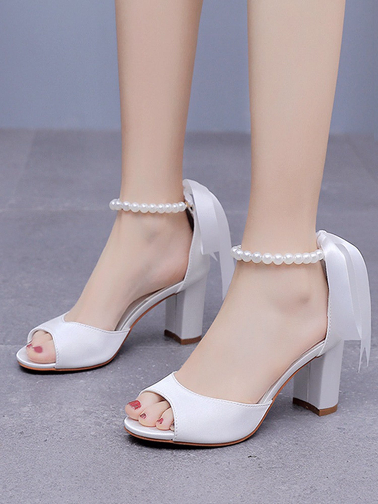 Peep Toe Ribbons Beaded Chunky Heel Sandals